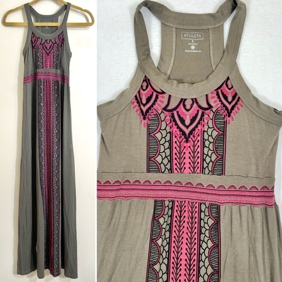 ATHLETA Olive Green Racerback Sleeveless Bohemian Floral Maxi Dress Size Small‎ - Picture 1 of 16